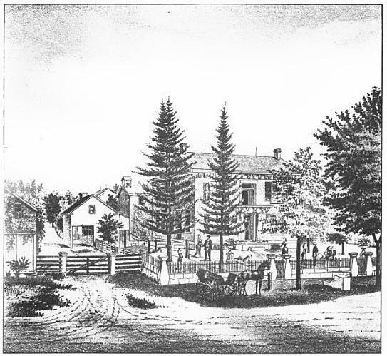 black and white drawing of Hiram Bell Farmstead in the 19th century