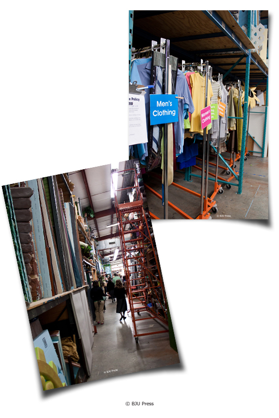 Collage of BJU Press Distance Learning warehouse storage and clothing