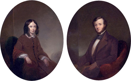 two painted portraits of Victorian poets Elizabeth Barrett Browning and Robert Browning