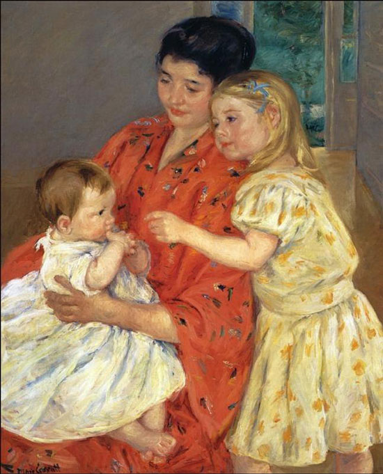 painted portrait of a mother and two children