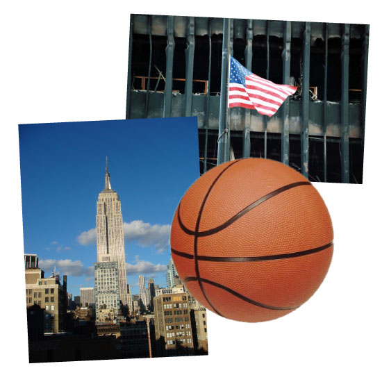 collage of American flag, basketball, and Empire State Building
