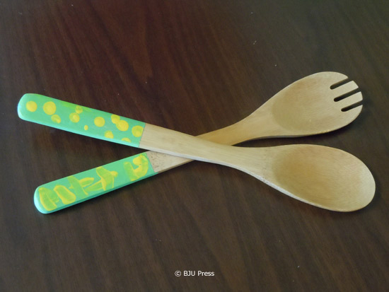painted wooden serving spoon and fork