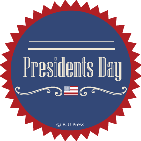 red and blue graphic that says Presidents Day