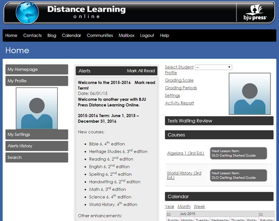 screenshot of BJU Press DLO parent dashboard