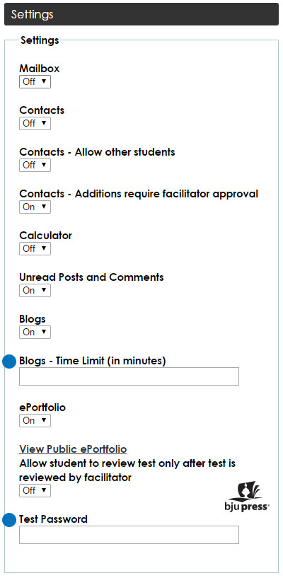 screenshot of BJU Press DLO parent settings