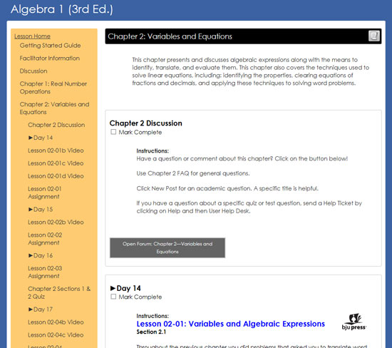 screenshot of BJU Press DLO Algebra 1 Chapter 2 student lesson items