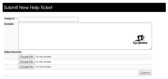 screenshot of BJU Press DLO help ticket
