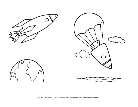 black and white coloring page of rocket orbiting in space and parachute landing