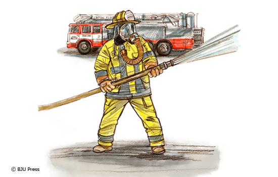 fireman with hose and firetruck