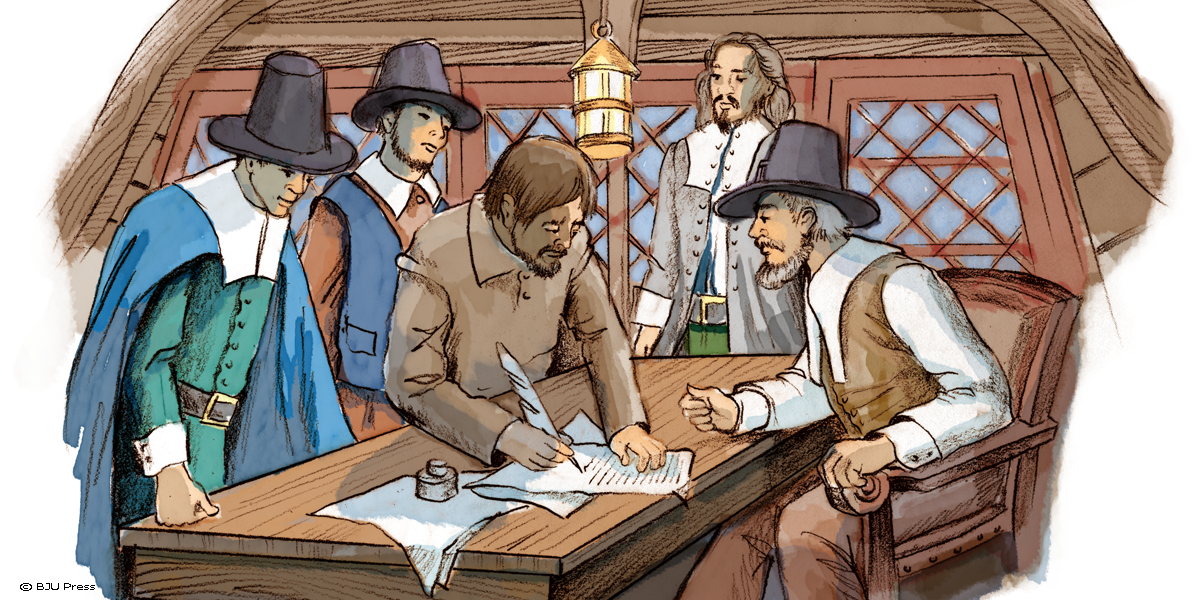 illustration of Pilgrims signing the Mayflower Compact