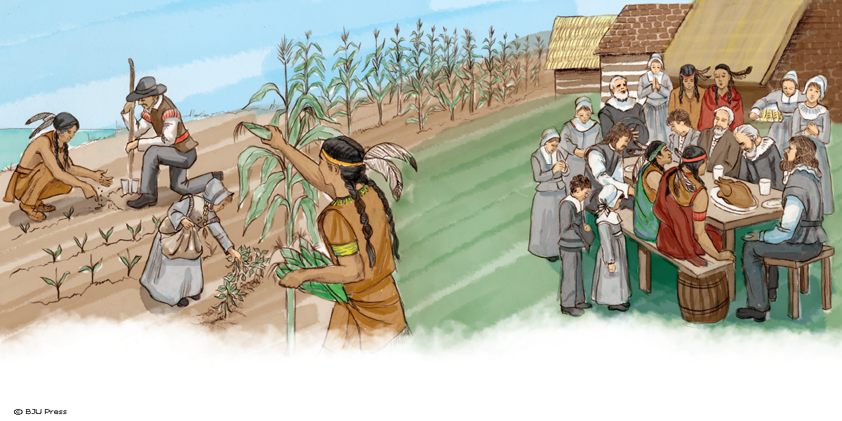 illustration of Squanto helping the Pilgrims