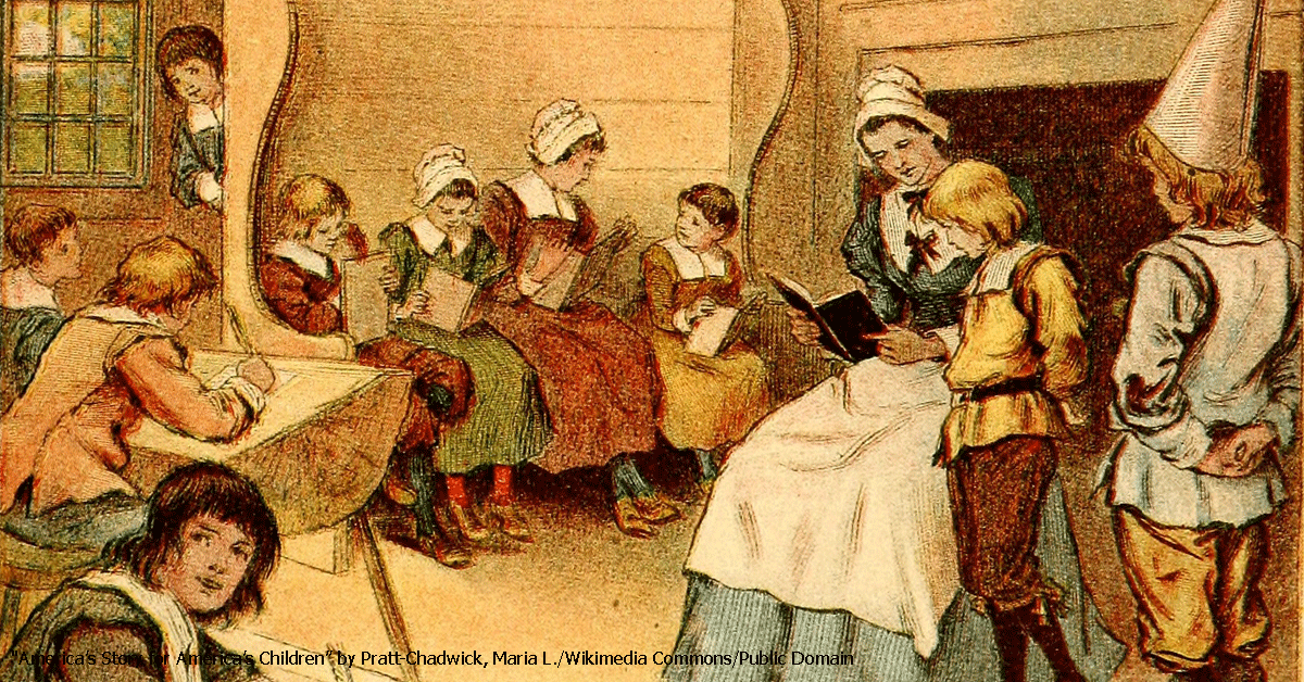 drawing of teacher with young students in a New England school room from the book America's Story for America's Children