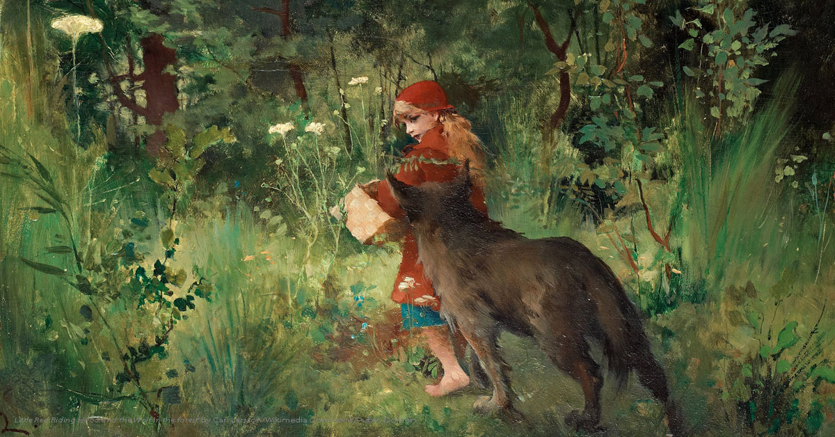 painting of Little Red Riding Hood in the forest with the wolf