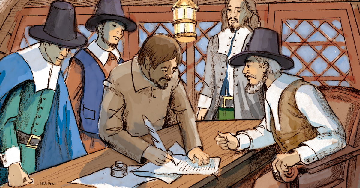 illustration of pilgrims signing the Mayflower Compact