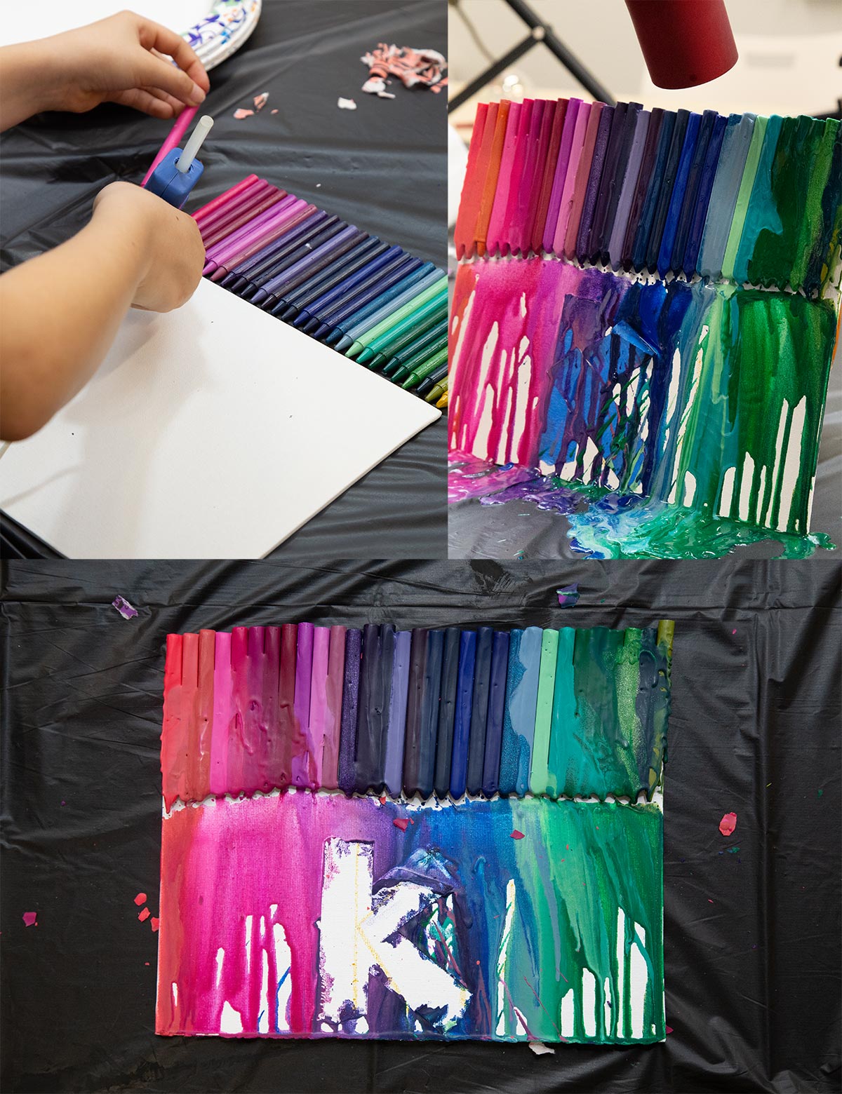 image collage of making melted crayon drip art