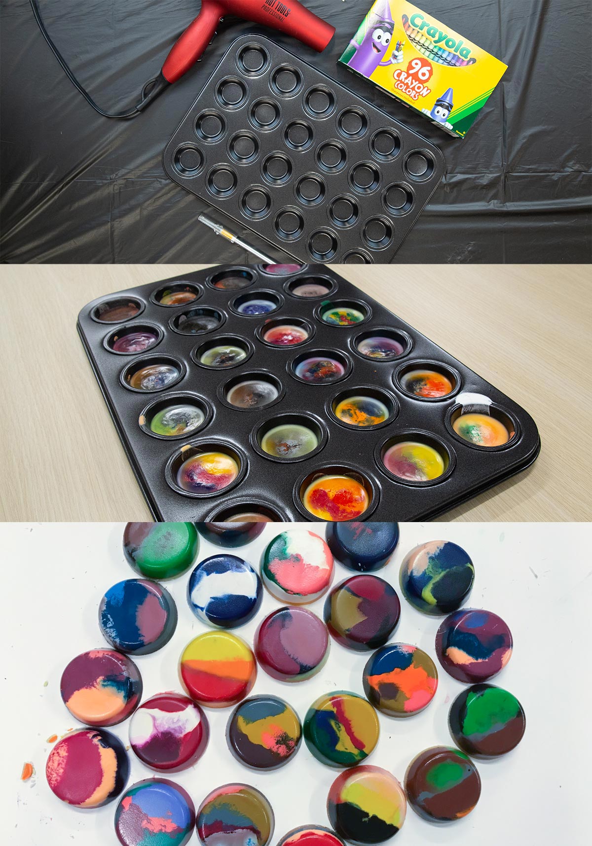 image collage with materials for making melted crayons in a muffin tin and finished melted crayons