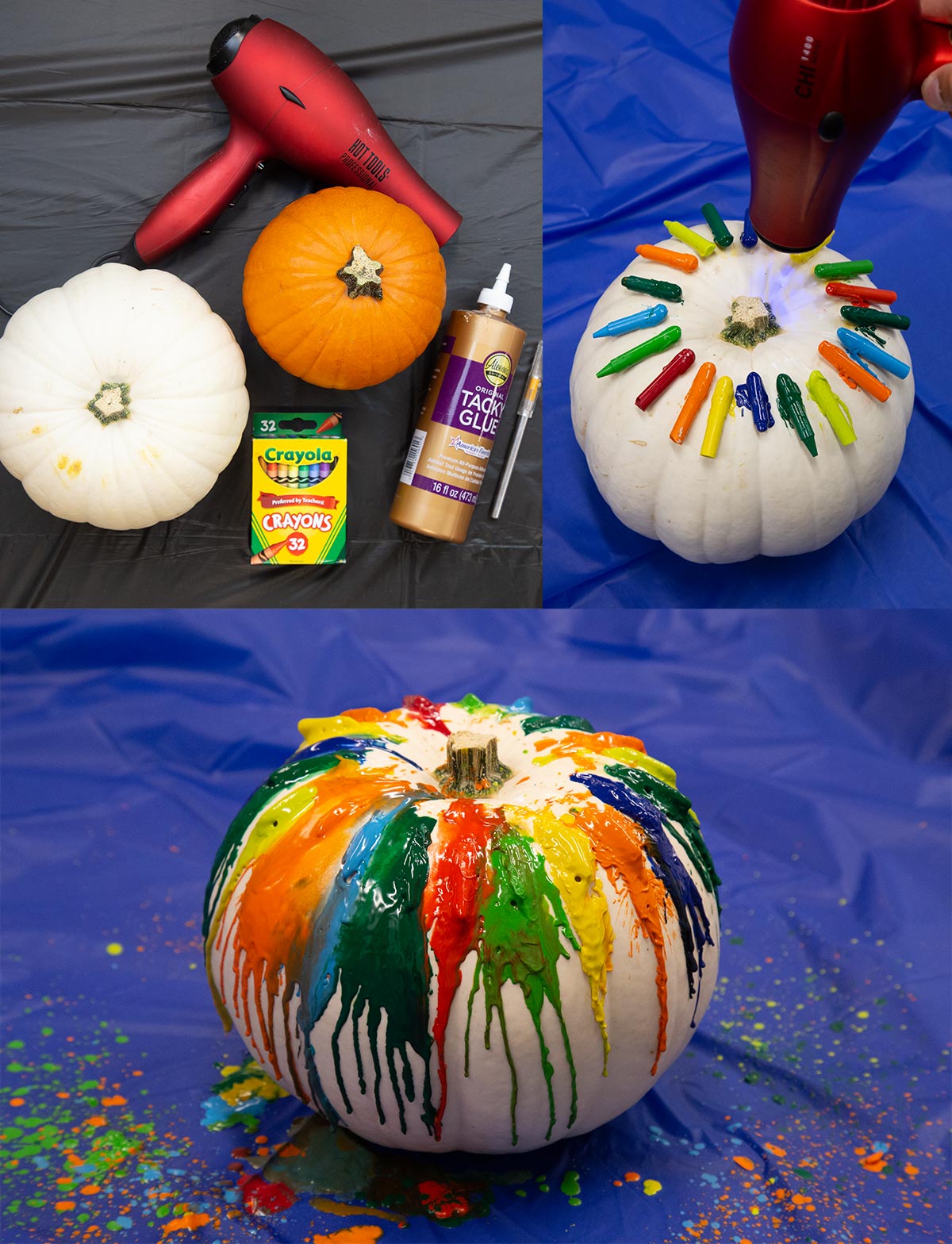 image collage with materials for making melted crayon drip art on pumpkins